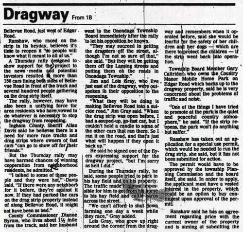 Onondaga Dragway - Article On Meeting Lansing State Journal2